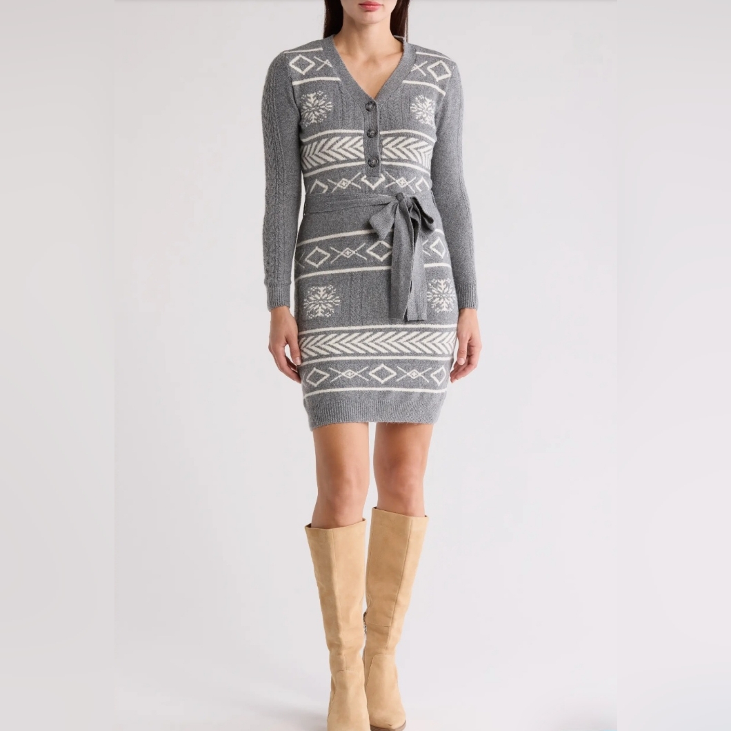 Nwt Lucky Brand Snowflake Mini Knit Long Sleeve Dress
